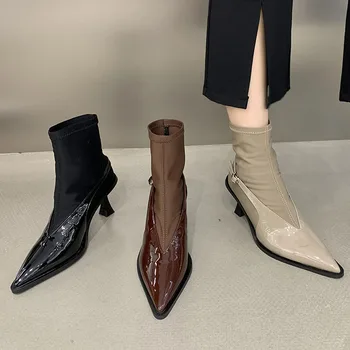 2023 חדש מחודד בוהן נשים מגפי קרסול אופנה מערבבים בד להחליק על בנות צ ' לסי נעליים עקב גבוה דק בשמלה שחורה נעליים