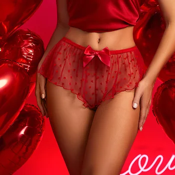 נשים לנשימה Transparnet לפרוע את התחתונים הלב התחתונים שנות ה-מותניים תחרה תחתונים Bowknot רשת תחתוני הלבשה תחתונה סקסית אדומה