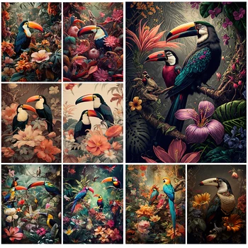 ג ' ונגל ציפורים טוקאן חיות, פרחים פוסטר הדפסות תמונות קיר הסלון נורדי פוסטר קיר אמנות בד הציור ממוסגרים