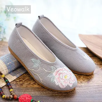 Veowalk סיני פרח רקמה נשים כותנה בד שטוח להחליק על נעלי רך נוח מזדמן בלט החלקה פלטפורמות