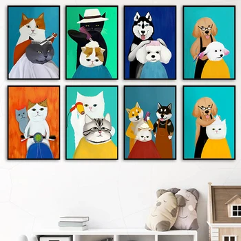 מצחיק חמוד חתול כלב תספורת קריקטורה פוסטרים הדפסה בד הציור חיה הקיר תמונה עבור הסלון חדר השינה של הילדה עיצוב הבית