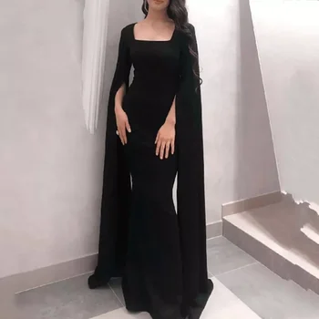 מודרני מרובע שחור בתולת ים ערב שמלות ערב 2022 ארוך שרוולים קצרים נשף שמלות מסיבת דובאי ערבית גלימות דה לנשף