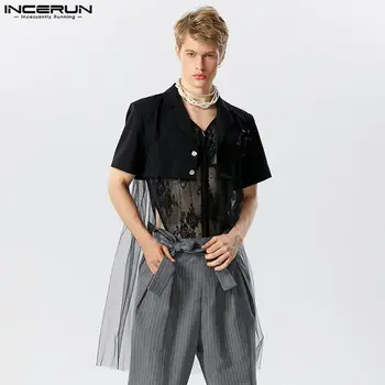 סגנון אמריקאי של גברים לפני קצר זמן רשת דק החדרת שנחתכו בלייזר מזדמן קצר שרוול חליפות S-5XL INCERUN מקסימום 2023