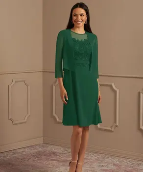 Lorencia ירוק אמרלד שתי חתיכות מסיבת חתונה שמלת שיפון אמא של הכלה השמלה לחתונות תחרה נשף שמלת מסיבת YMD18