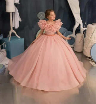 אלגנטי טול ורודה נפוחה אפליקציה חרוזים פרח ילדה שמלת חתונה אלגנטית של הילד סעודת האדון שמלות מסיבת יום ההולדת.
