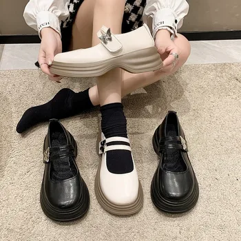 חדש פרפר מרי ג ' יין נעליים בודד של נשים עבה עם סוליות רדוד הפה נעליים מזדמנים יפני אחיד רך עם סוליות נעלי עור