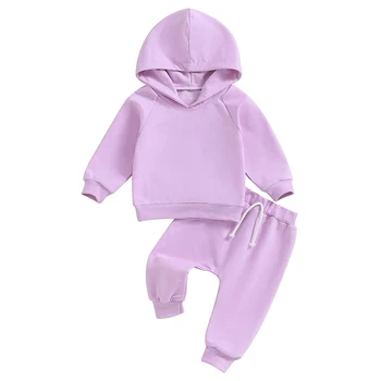 התינוק 2Pcs ליפול תלבושות שרוול ארוך צבע מוצק קפוצ ' ון ומכנסיים להגדיר הפעוט בגדים חמים