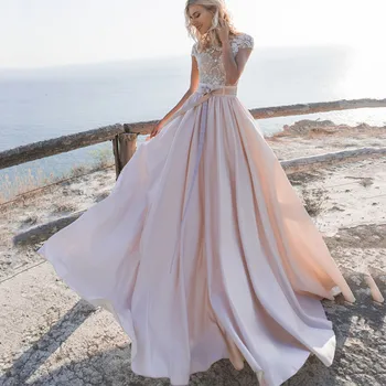 אלגנטית ורוד יוקרה O-צוואר שמלת החתונה 2023 אפליקציות תחרה קו A-שרוולים קצרים לחצן לבנות ויפות סקסי כלה שמלת Vestido De נוביה
