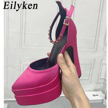Eilyken אופנה חדשה פלטפורמה אבזם רצועה נשים משאבת סנדלים האביב המסלול סגנון קריסטל יהלום חתונה עקבים נעליים