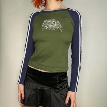 בציר ירוק חולצת נשים שרוול ארוך O-צוואר חדות הדפסה גרפית טי y2k 2000 רטרו יבול העליון סתיו אסתטי אופנת רחוב
