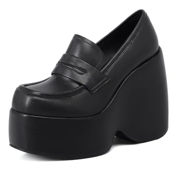 סופר עקבים גבוהים נעלי נשים 2024 סתיו מעור עבה פלטפורמת משאבות אישה להחליק על שחור Jk המדים נעלי מרי ג ' יין.