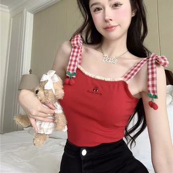 האדום היפני Kawaii לוליטה גזורה נשים משובצות התחבושת חמוד גופיות קשת תחרה אופנה קוריאנית הנסיכה Vset נקבה הקיץ 2023