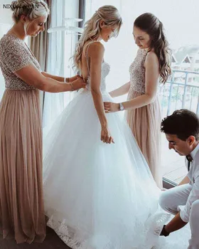 2023 החדש חתונה תחרה, שמלה סקסית מחשוף גב רצועות ספגטי שמלות כלה רומנטית טול אפליקציות שמלת נשף שמלות חתונה