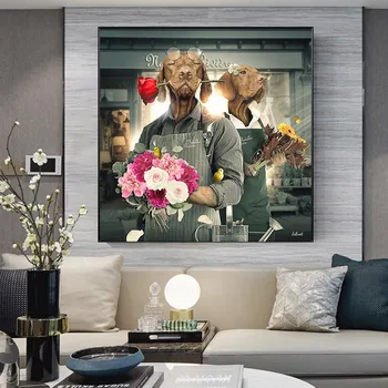 סגנון וינטג ' החיות בד הציור הכלב זוג מחזיקים ורדים פוסטרים, הדפסים נורדי אמנות קיר תמונה בסלון עיצוב