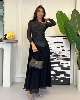 אפליקציות שחור שמלות נשף שרוולים ארוכים קו A שיפון סאטן ערב הסעודית נשים שמלת ערב המפלגה שמלת فساتين مناسبة رسمية
