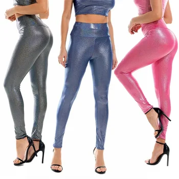 נשים עור דמוי עור מבריק מכנסיים מתכתי חותלות מכנסיים גבוה מותן נשית סקסית חזקה בבטן שליטה דיסקו, ריקוד תלבושת