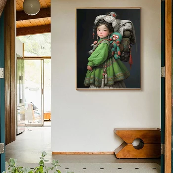 RUOPOTY ציור לפי מספרים למבוגרים ערכות הבחורה בגדים ירוקים מחזיק את בובת יד ציור דמות עיצוב הבית