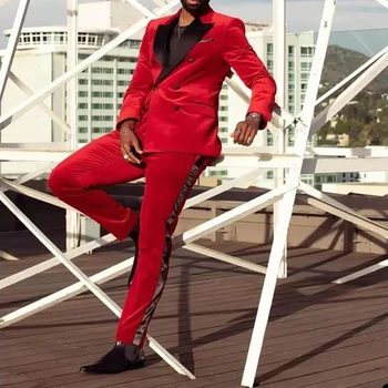 אופנה אדום חליפות גברים מעיל מכנסיים לשיא דש כפול עם חזה הנשף נסיעות עסקים חליפה גברית 2 חתיכות
