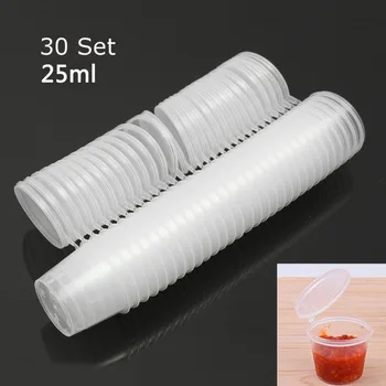 30Pcs 25ml פלסטיק חד פעמיות ממסעדה רוטב כוס מכולות מזון קופסה עם צירים מכסים קטן פיגמנט צבע בקופסת צבעים לשימוש חוזר