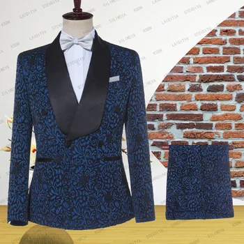 2023 כחול פרחוני אקארד חליפות גברים Slim Fit עם כפול עם חזה החתונה טוקסידו השושבינים סריג שחור דש האופנה הגברי