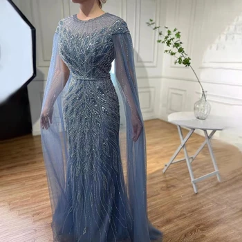 ערבית כחול גלימה עם שרוולים שמלות ערב שמלות לנשים בתולת ים חרוזים יוקרה ארוך שמלת מסיבת החתונה 2024