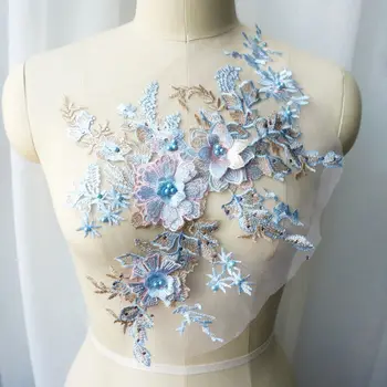 כחול תחרה בד 3D פרח חרוזים ריינסטון רקום שמלת החתונה אפליקציות צווארון רשת לתפור טלאי על שמלה DIY קישוט
