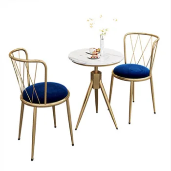 סיטונאי ורוד קטיפה בד כיסא זהב רגליים, שולחן עגול עם השיש העליונה קפה חנות רהיטים כסאות, שולחנות ערוכים