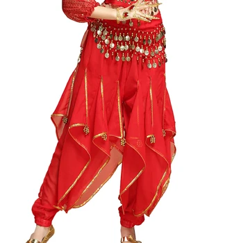 נשים מזרחיות הודו ריקודי בטן ביצועים תחפושת נצנצים Trim מכנסי גומי אלסטי קפלים מכנסיים עם חרוזי פלסטיק