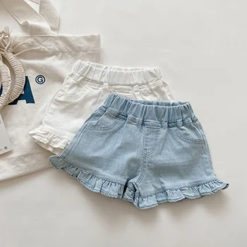 בנות זרות טעם כחול לבן מכנסי ג 'ינס קצרים אופנה עץ האוזן בצד של הילדים מכנסיים מגניבים קיץ, תינוק חדש כל-התאמה מכנסי ג' ינס קצרים