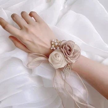 שושבינה היד באד משי הכלה אחוות נשים קבוצת הוט סנילי החתונה יד פרח החתונה טוסט שמלה צמיד בסגנון קוריאני