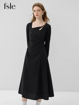 FSLE חדש בסגנון סיני הלאומי סגנון הולו אסימטרי עיצוב שמלה לנשים סתיו שיק תחושה אלגנטית אמצע אורך שמלה נשית