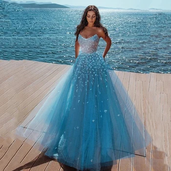 כחול יוקרה סטרפלס Soarkly טול שמלות נשף נשים נצנצים מדהימה קו Shinning לפתוח בחזרה ערב מסיבת שמלות דובאי החלוק