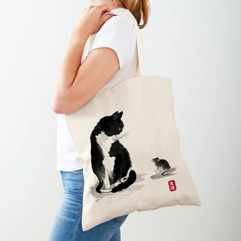 היפני קוי גרו יפן חלום צבי חתול סאקורה נשים שקיות קניות כפול הדפסה בד מזדמנים לסביבה תיק קניות תיק ליידי תיק
