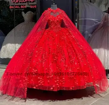אדום נסיכה את כתף שמלת קינסאנךרה עם הגלימה 3D פרחים למסיבת יום הולדת שמלות חרוזים המסכות Vestidos דה-15