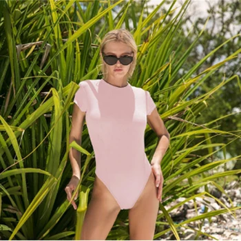 חתיכה אחת של בגדי נשים מוצק צבע שרוול קצר בגדי ים לנשים סיאמיים ספורט 2023 החוף החדש ללבוש בנות ביקיני