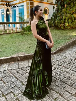 מראה השמלה אלגנטי בציר ירוק קטיפה פרחים כתף אחת קו מותאם אישית רשמית אירוע שמלה לנשף ערב צד שמלות