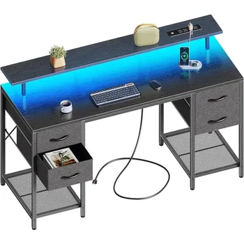 55 אינץ שולחנות מחשב עם 4 מגירות, משחקי שולחן עם נורות LED & שקעי חשמל, משרד,עבודה מהבית, שחור