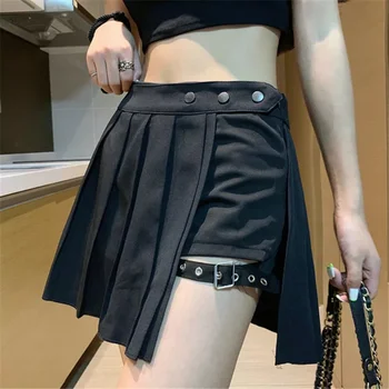 סקסית הגותי של נשים שמלת גבוהה המותניים לא סדיר קפלים פאנק שחור שמלת הקיץ של בנות שמלת חגורת בטיחות מכנסיים בסגנון קוריאני