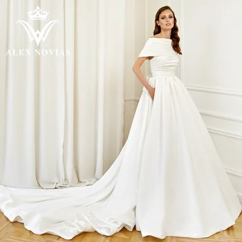 אלכס NOVIAS סאטן קו שמלת כלה חדשה בעיצוב 2023 הסירה הצוואר כיסים עם Folden קשת שמלת החתונה Vestidos Novias דה Saten