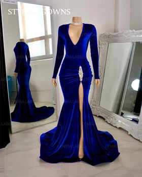 כחול מלכותי עמוק V צוואר ארוך שמלה לנשף שחור בנות 2023 חרוזים קריסטל מסיבת יום הולדת שמלות חרך שמלות ערב