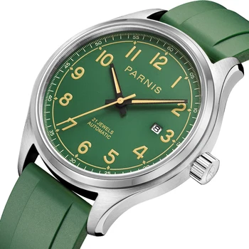 חדש Parnis 43MM ירוק חיוג גברים אוטומטיים מכאניים שעונים לוח רצועת עור ספיר זכוכית גברים שעון יד עם קופסא מתנה