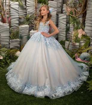 אור כחול פרח ילדה שמלת חתונה תחרה אפליקציה טול שרוולים הילדים מסיבת יום הולדת העצום הצוואר הראשונות קודש שמלת נשף