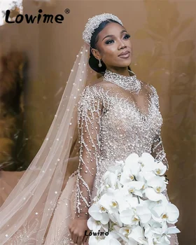 אפריקה ערבית מוסלמית שמפניה שמלת החתונה 2023 פלוס גודל כבד פנינים חרוזים נוצצים קריסטל בתולת ים שרוולים ארוכי שמלת כלה.