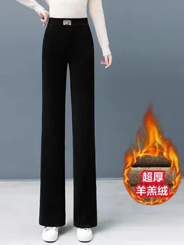 חורף חם לעבות קטיפה רחב הרגל המכנסיים קוריאני נשים Lambwool מוך אלסטיות גבוהה המותניים Pantalone שלג ללבוש Spodnie חדש Z195