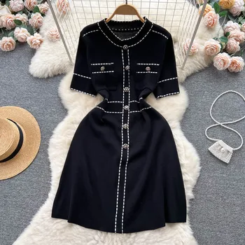 צרפתי משובח הפבורן סגנון שחור שרוול קצר סרוגים שמלת קיץ יוקרה השמלה