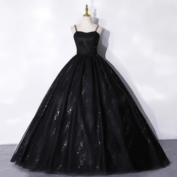 חדש שמלת ערב 2024 נצנצים לחגוג אירוע שמלות מתוקה ספגטי רצועה שחורה באורך רצפת זמן החלוק דה נשף
