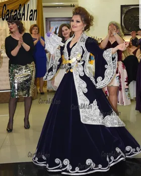 מסורתית קוסובו האלבני כחול נייבי כלה חתונה שמלות ערב בגדי ערב קטיפה ארוך שרוולים תחרה אפליקציה שמלות לנשף
