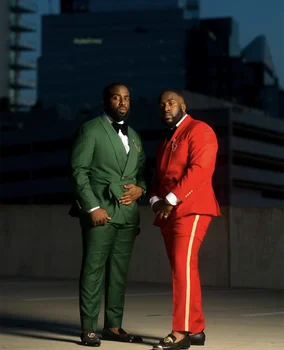 2 חתיכות אחרונות עיצוב ירוק אדום חליפות גברים מעיל Slim Fit רשמית החתונה החתן טלאים אח תלבושת חגורת המותניים בלייזר המכנסיים
