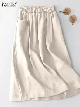 חג אלסטי המותניים Midi חצאית ZANZEA נשים כותנה חצאית 2024 הקיץ כיסי צד Falda Saias מקרית קוריאני מוצק קו לראשונה חצאית