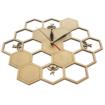 לחתוך עץ, שעון דבש דבורים על דבש מסרק משושה הטבע שעון שעון קיר גיאומטריות מטבח עיצוב אמנות